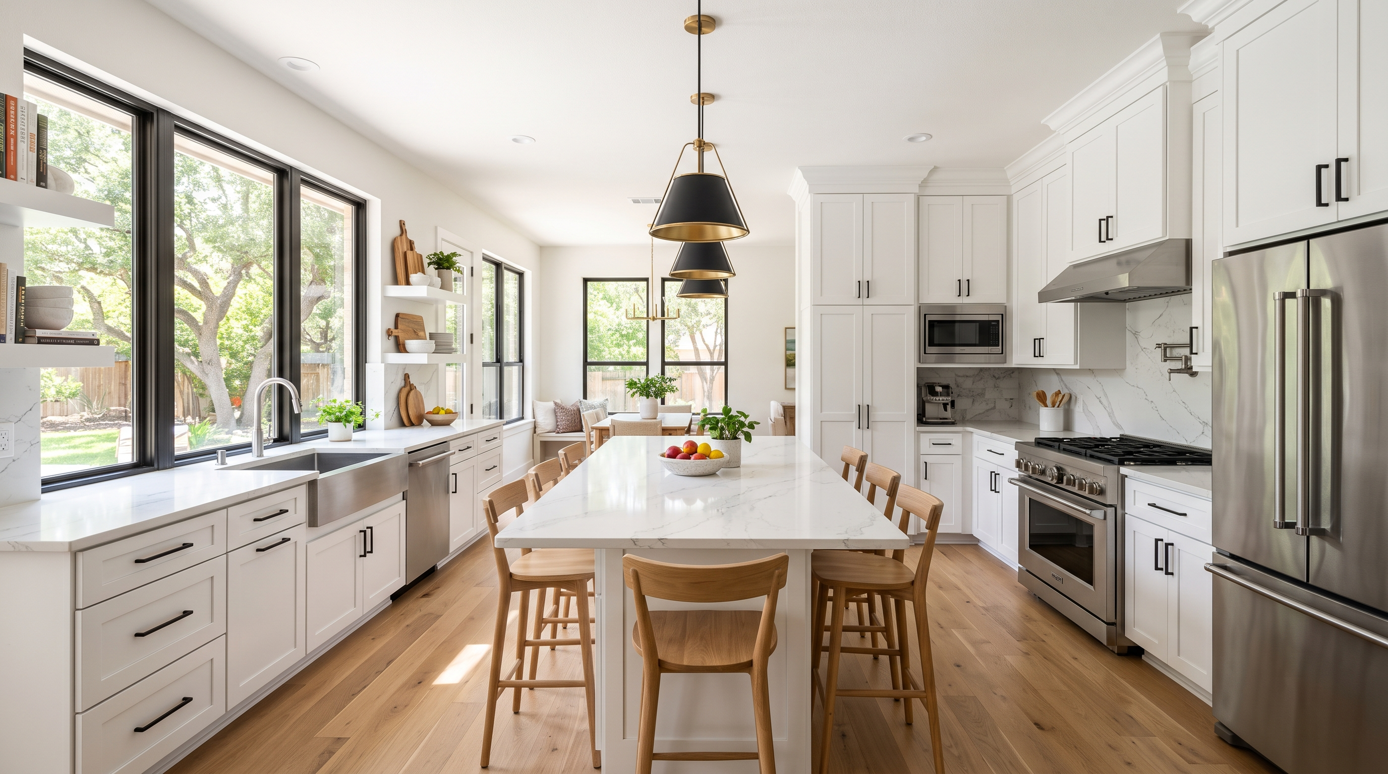 Modern remodeled Round Rock kitchen with white cabinets, quartz island, pendant lighting, and hardwood flooring