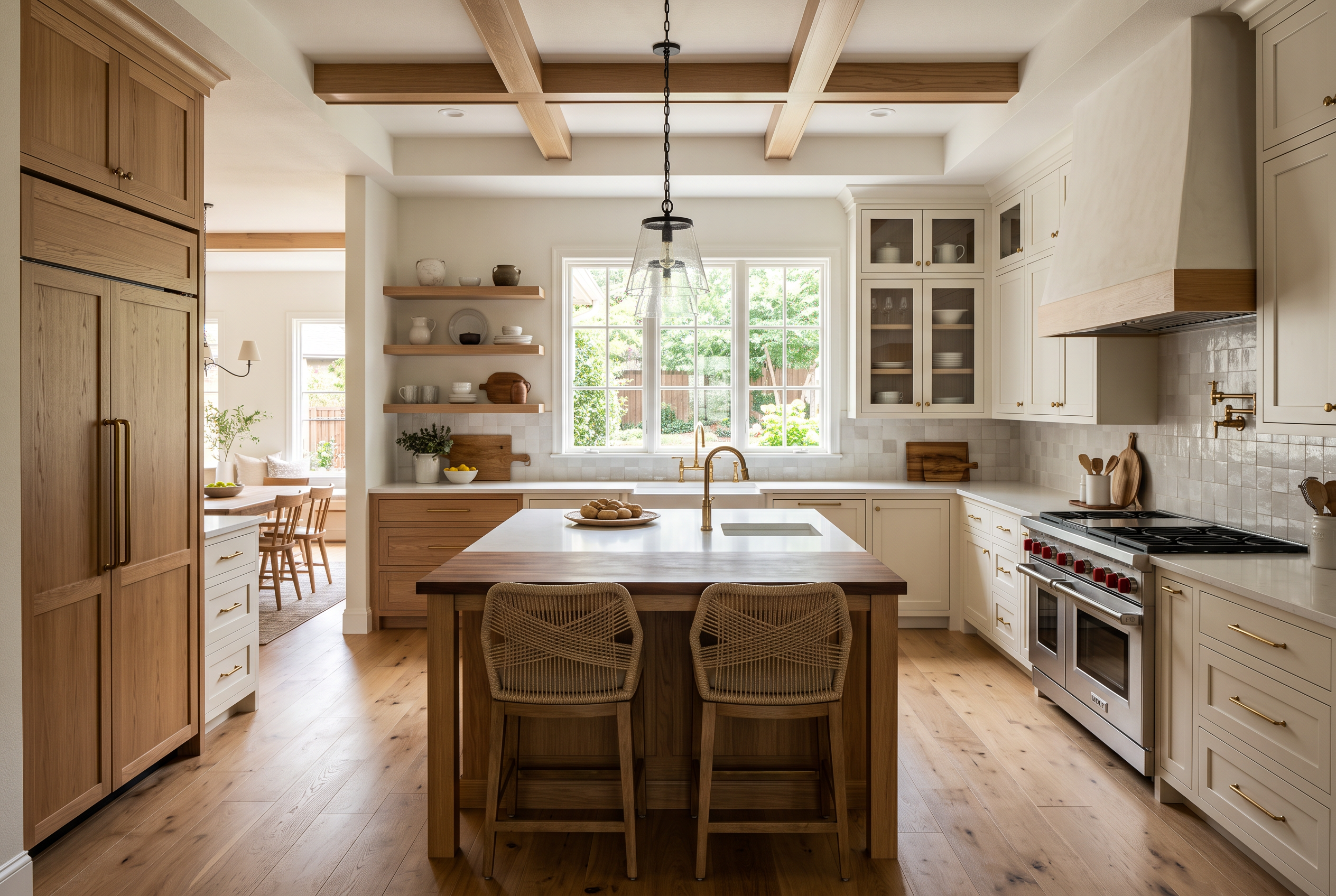 Open kitchen layout showing a balanced sink, range, refrigerator, island, and clear walkways