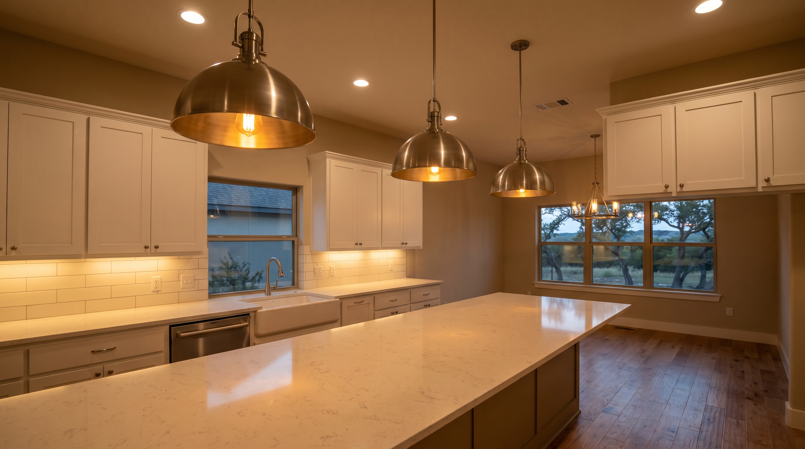 Layered kitchen lighting with pendant lights, recessed cans, and under-cabinet glow